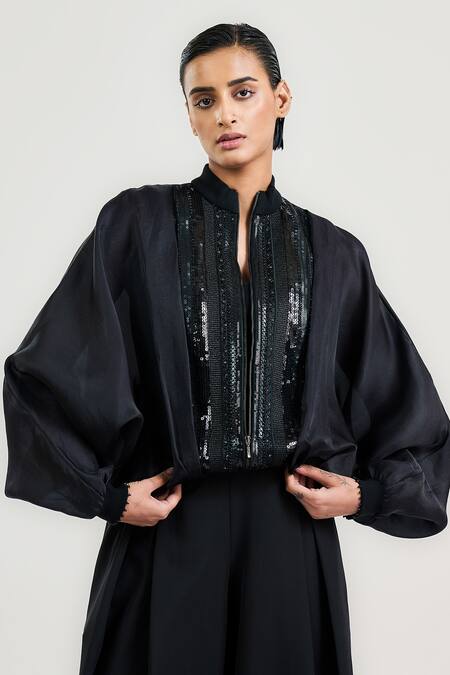 Ott_Black Silk Satin, Organza Beads, Sequins High Neck Beaded Bomber Jacket _Online_at_Aza_Fashions