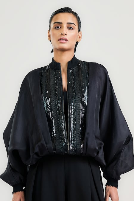 Ott Beaded Silk Satin-Organza Bomber Jacket 
