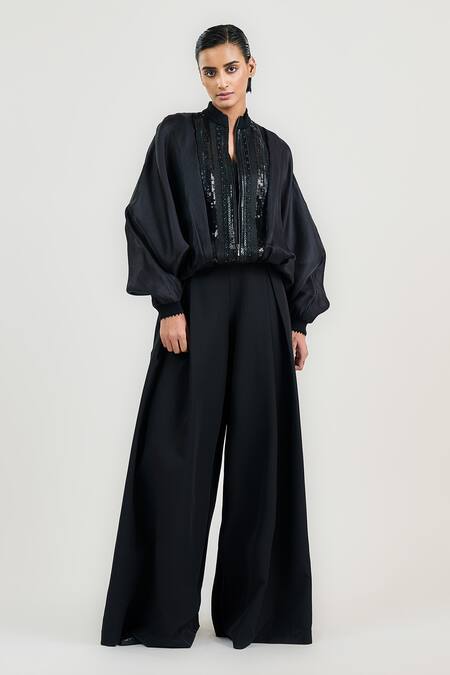 Buy_Ott_Black Silk Satin, Organza Beads, Sequins High Neck Beaded Bomber Jacket _Online_at_Aza_Fashions
