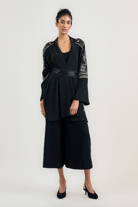 Ott_Black Silk, Crepe Embroidery Open Neck Pichwai Cardigan _Online_at_Aza_Fashions
