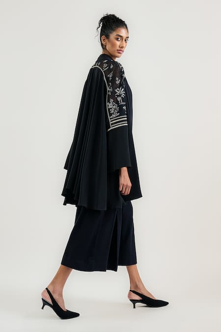 Buy_Ott_Black Silk, Crepe Embroidery Open Neck Pichwai Cardigan _Online_at_Aza_Fashions