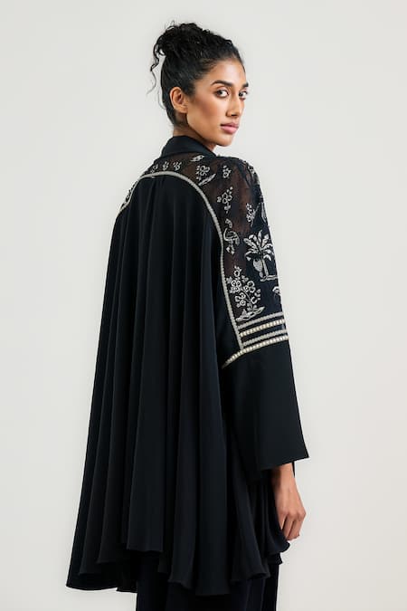 Shop_Ott_Black Silk, Crepe Embroidery Open Neck Pichwai Cardigan _Online_at_Aza_Fashions