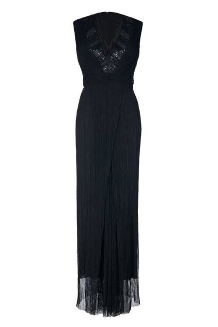 Ott_Black Tulle Sequins V-neck Crinkled Cocktail Jumpsuit _Online_at_Aza_Fashions