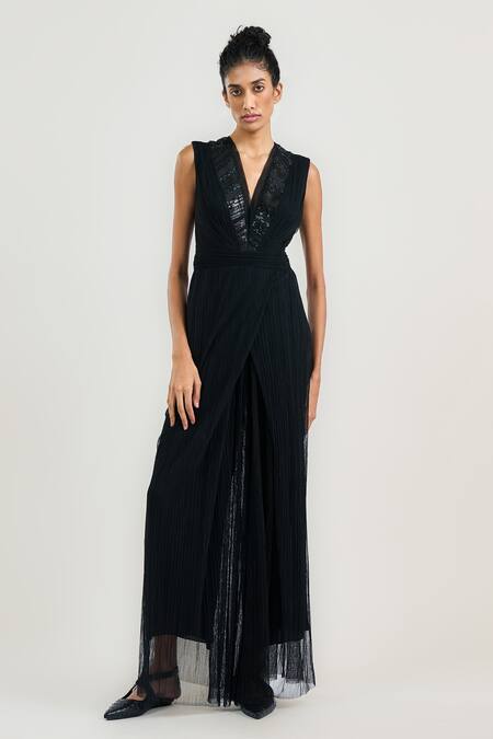Buy_Ott_Black Tulle Sequins V-neck Crinkled Cocktail Jumpsuit _Online_at_Aza_Fashions