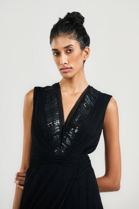 Shop_Ott_Black Tulle Sequins V-neck Crinkled Cocktail Jumpsuit _Online_at_Aza_Fashions