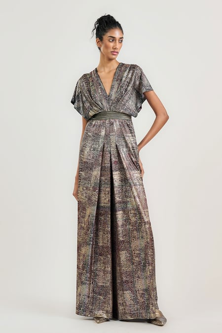 OTT Multi Color Jersey V-neck Metallic Jamawar Jumpsuit 