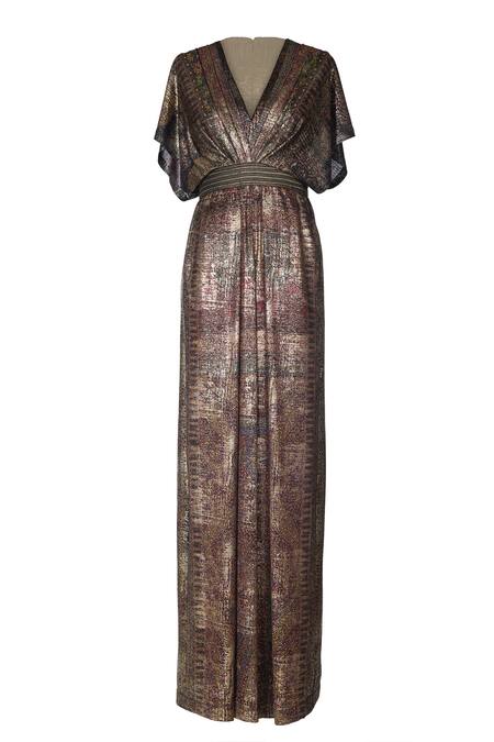 Ott_Multi Color Jersey V-neck Metallic Jamawar Jumpsuit _Online_at_Aza_Fashions