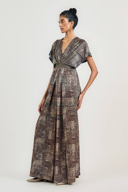 Buy_Ott_Multi Color Jersey V-neck Metallic Jamawar Jumpsuit _Online_at_Aza_Fashions