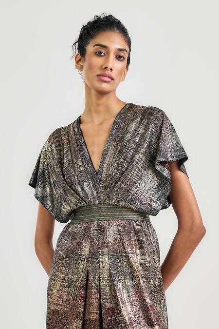 Shop_Ott_Multi Color Jersey V-neck Metallic Jamawar Jumpsuit _Online_at_Aza_Fashions