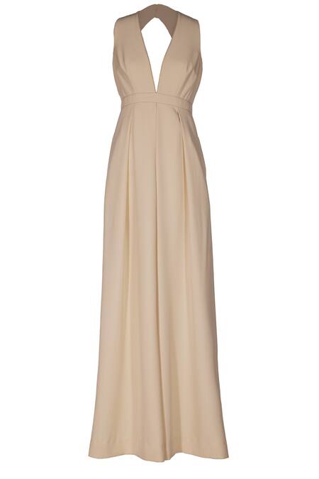 Ott_Ivory Crepe V-neck Full Length Jumpsuit _Online_at_Aza_Fashions