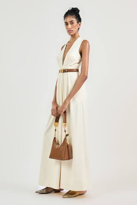 Buy_Ott_Ivory Crepe V-neck Full Length Jumpsuit _Online_at_Aza_Fashions