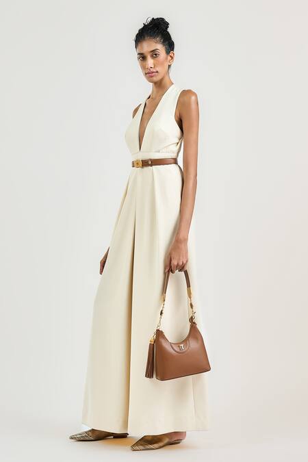 Shop_Ott_Ivory Crepe V-neck Full Length Jumpsuit _Online_at_Aza_Fashions