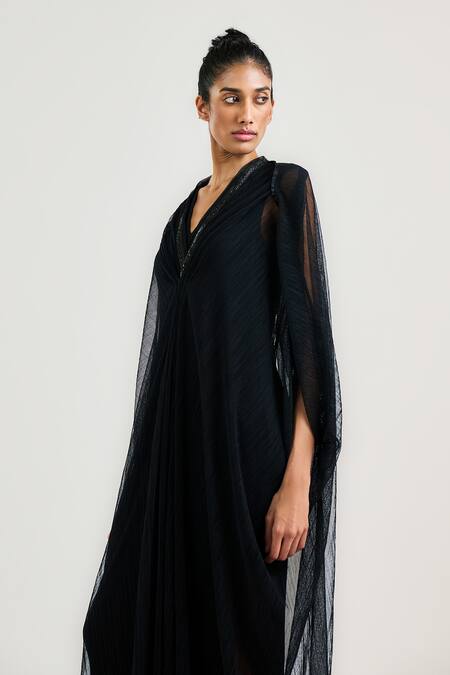 Ott_Black Crepe, Tulle V-neck Crinkled Evening Kaftan _Online_at_Aza_Fashions