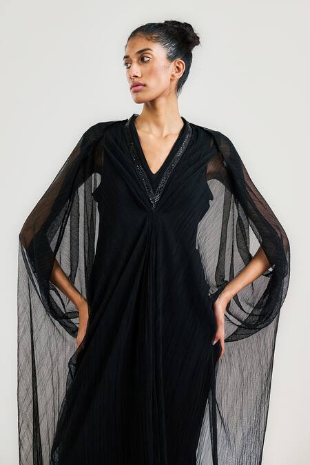 Buy_Ott_Black Crepe, Tulle V-neck Crinkled Evening Kaftan _Online_at_Aza_Fashions