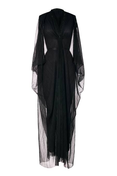 Shop_Ott_Black Crepe, Tulle V-neck Crinkled Evening Kaftan _Online_at_Aza_Fashions