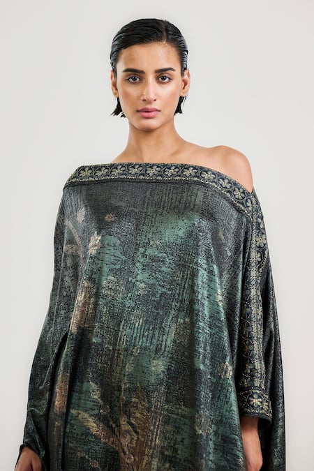 Ott_Black Jersey Embroidery Off-shoulder Midnight Garden Resort Kaftan _Online_at_Aza_Fashions