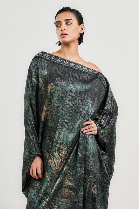Shop_Ott_Black Jersey Embroidery Off-shoulder Midnight Garden Resort Kaftan _Online_at_Aza_Fashions