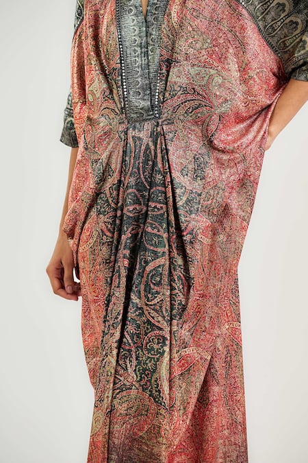 Buy_Tarun Tahiliani_Multi Color Tulle Embroidery V-neck Oriental Print Kaftan _Online_at_Aza_Fashions