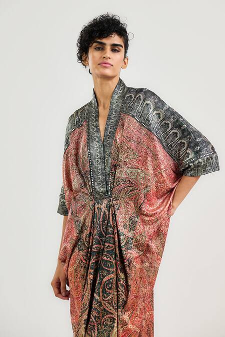 Shop_Tarun Tahiliani_Multi Color Tulle Embroidery V-neck Oriental Print Kaftan _Online_at_Aza_Fashions