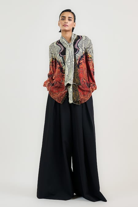 Buy_Tarun Tahiliani_Multi Color Silk, Georgette Oriental Tie Up Shirt _Online_at_Aza_Fashions