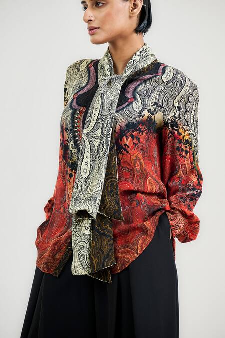 Shop_Tarun Tahiliani_Multi Color Silk, Georgette Oriental Tie Up Shirt _Online_at_Aza_Fashions