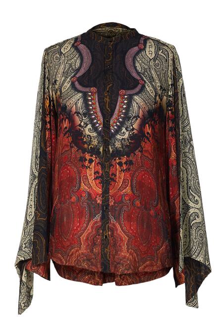 Tarun Tahiliani_Multi Color Silk, Georgette Oriental Tie Up Shirt _at_Aza_Fashions