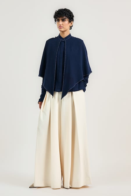 Tarun Tahiliani_Navy Cotton Collared Blue Kantha Tailored Shirt _Online_at_Aza_Fashions