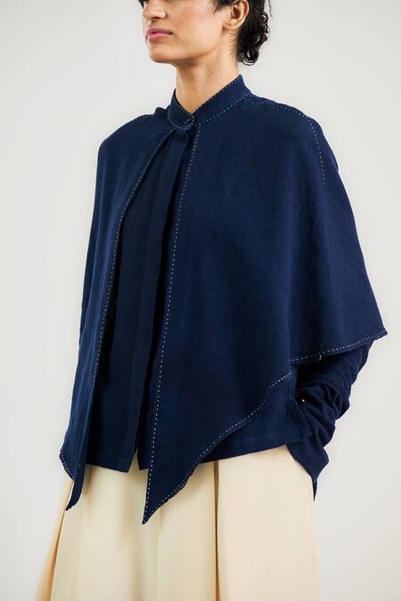 Tarun Tahiliani_Navy Cotton Collared Blue Kantha Tailored Shirt _at_Aza_Fashions