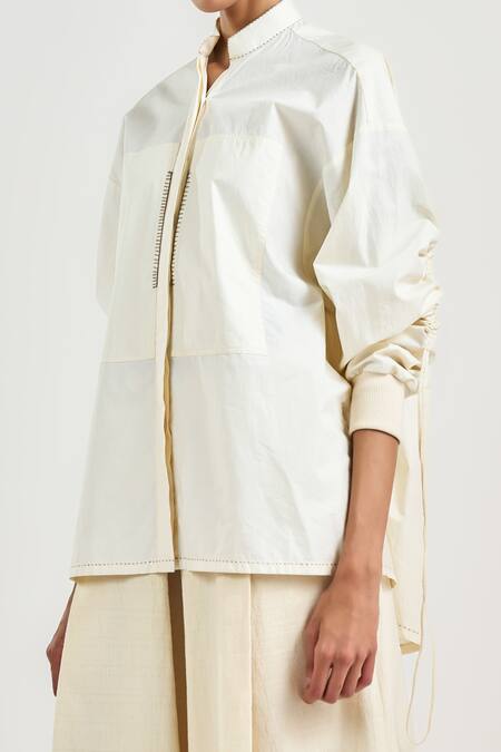 Tarun Tahiliani_Ivory Cotton Mandarin Collar Kantha Everyday Shirt _Online_at_Aza_Fashions