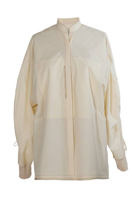 Shop_Tarun Tahiliani_Ivory Cotton Mandarin Collar Kantha Everyday Shirt _Online_at_Aza_Fashions