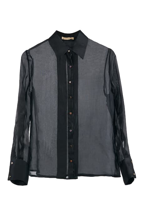 Ott_Black Silk Satin, Organza Collared Shirt _Online_at_Aza_Fashions