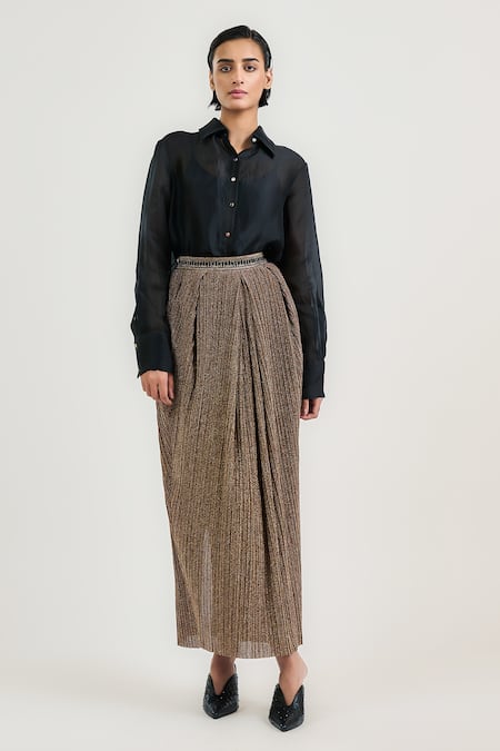 Shop_Ott_Black Silk Satin, Organza Collared Shirt _Online_at_Aza_Fashions