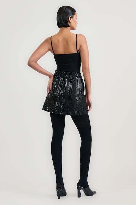 Shop Ott Black Cotton Satin Sequins Party Mini Skirt at Aza Fashions Shop_Ott_Black Cotton Satin Sequins Party Mini Skirt _at_Aza_Fashions