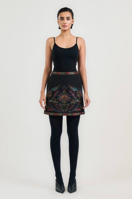 Buy_Ott_Black Crepe Embroidery Mature Mini Skirt _Online_at_Aza_Fashions