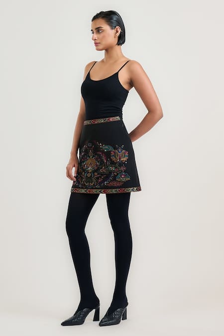 OTT Black Crepe Embroidery Mature Mini Skirt 