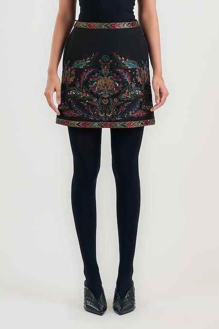 Shop_Ott_Black Crepe Embroidery Mature Mini Skirt _Online_at_Aza_Fashions