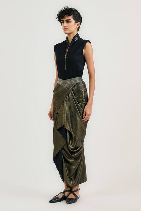 Ott_Black Jersey Asymmetric Draped Skirt _Online_at_Aza_Fashions