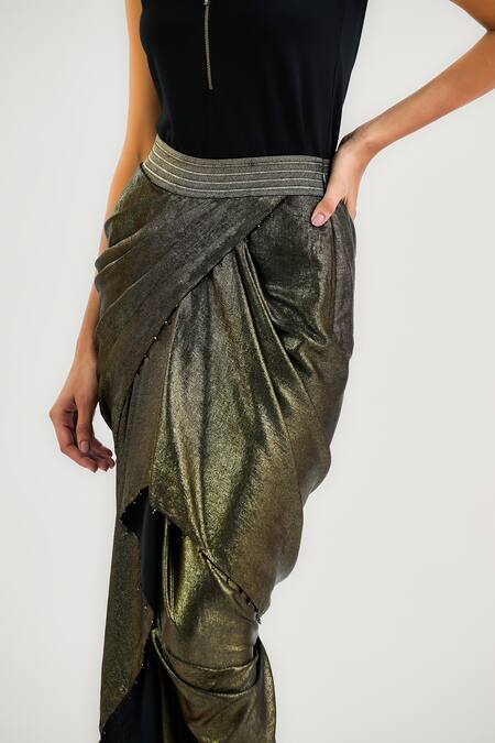 Shop_Ott_Black Jersey Asymmetric Draped Skirt _Online_at_Aza_Fashions