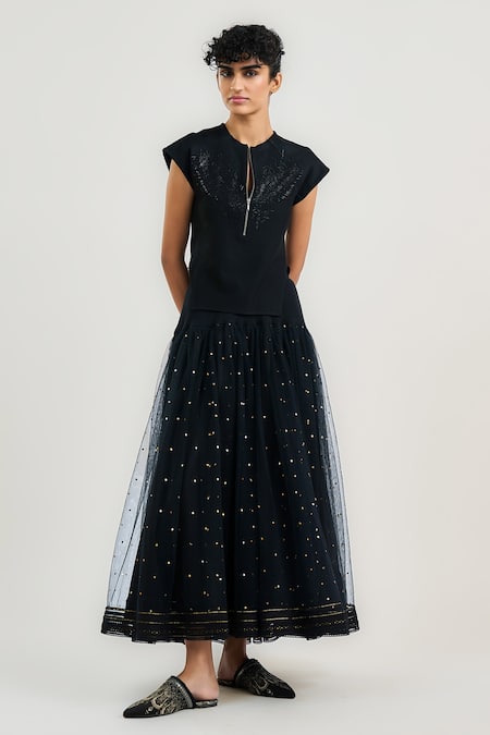 OTT Mukaish Tulle Black Midi Skirt 