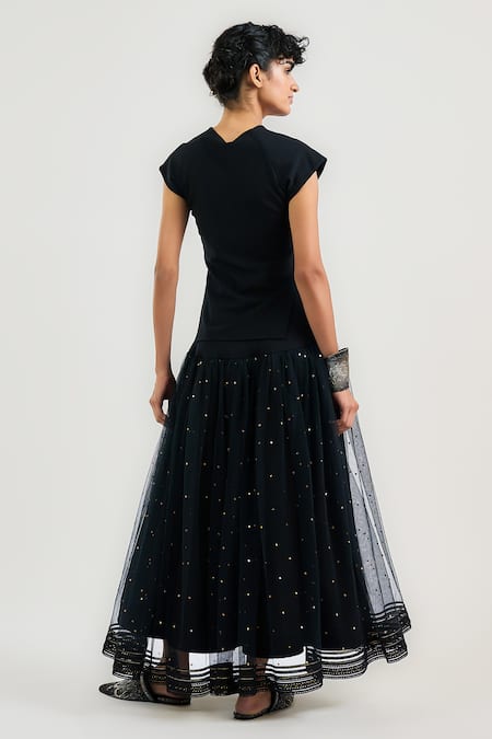 Ott Mukaish Tulle Black Midi Skirt 