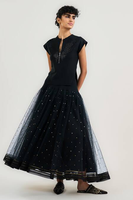 Ott Black Muslin Sequins Mukaish Tulle Midi Skirt Online at Aza Fashions Ott_Black Muslin Sequins Mukaish Tulle Midi Skirt _Online_at_Aza_Fashions