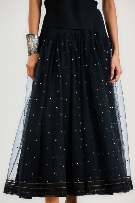 Shop Ott Black Muslin Sequins Mukaish Tulle Midi Skirt Online at Aza Fashions Shop_Ott_Black Muslin Sequins Mukaish Tulle Midi Skirt _Online_at_Aza_Fashions