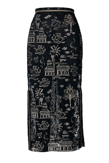 Ott_Black Nylon Embroidery Pichwai Midi Skirt _Online_at_Aza_Fashions