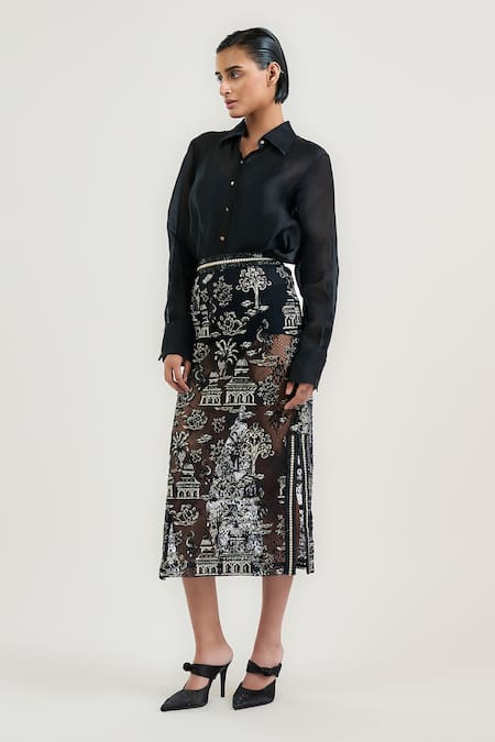 Buy_Ott_Black Nylon Embroidery Pichwai Midi Skirt _Online_at_Aza_Fashions