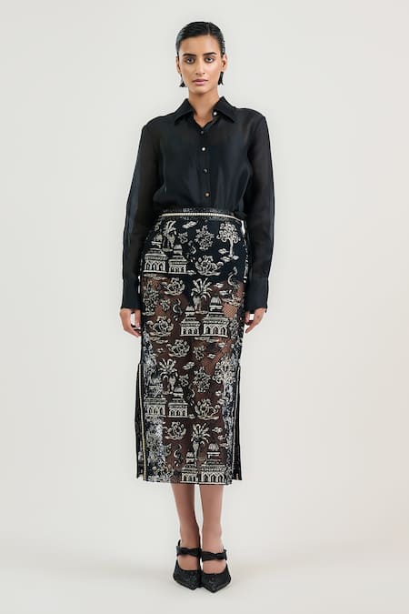 Shop_Ott_Black Nylon Embroidery Pichwai Midi Skirt _Online_at_Aza_Fashions