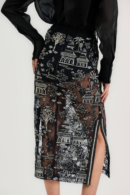 Ott_Black Nylon Embroidery Pichwai Midi Skirt _at_Aza_Fashions
