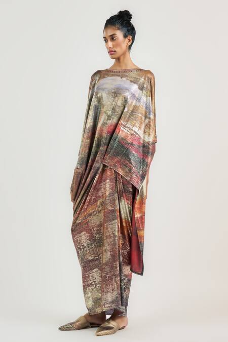 Shop_Ott_Multi Color Jersey Metallic Ram Kumar Long Skirt _Online_at_Aza_Fashions