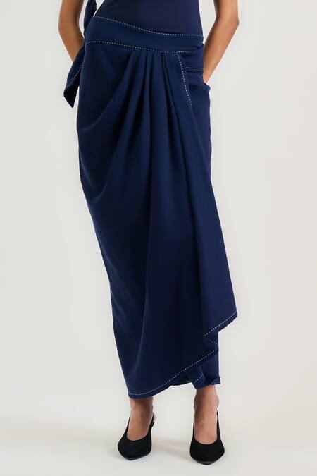 Buy_Ott_Navy Cotton Tailored Wrap Skirt _Online_at_Aza_Fashions