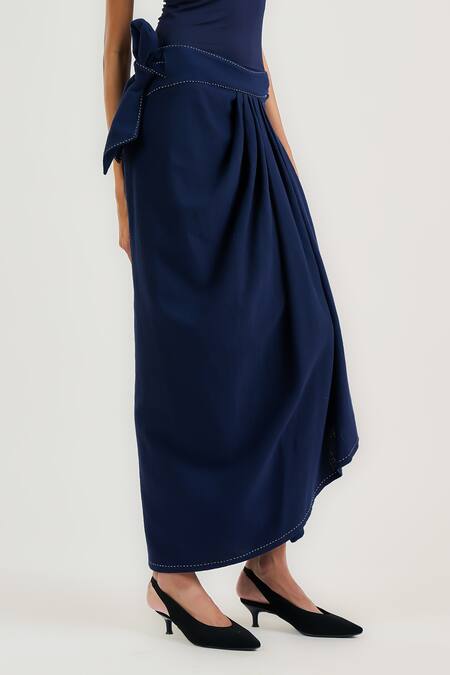 Shop_Ott_Navy Cotton Tailored Wrap Skirt _Online_at_Aza_Fashions