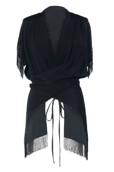 Ott_Black Silk, Crepe Beads V-neck Multi-way Fringed Top _Online_at_Aza_Fashions